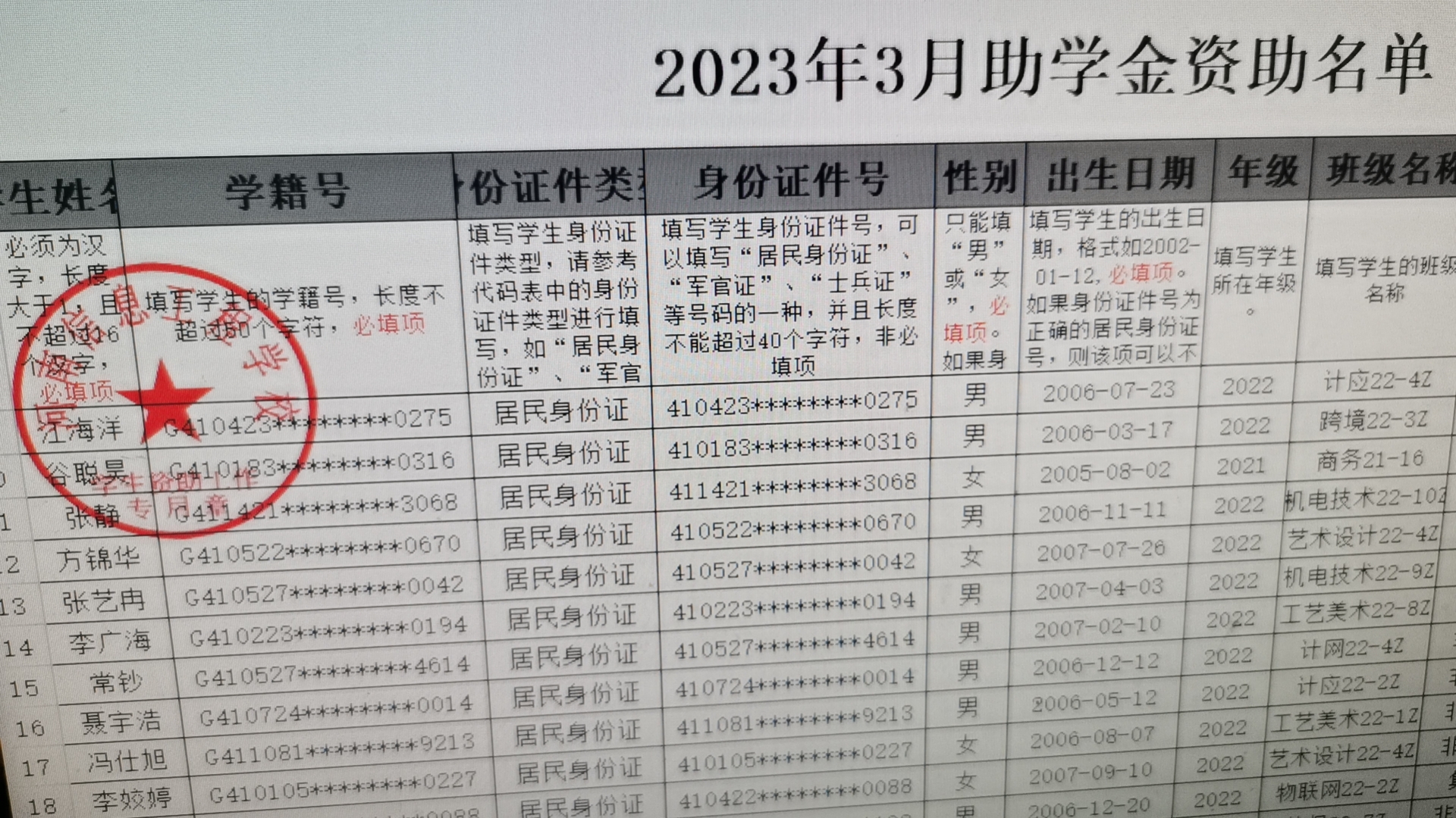 我校对2023年春季学期国家助学金申请名单进行公示